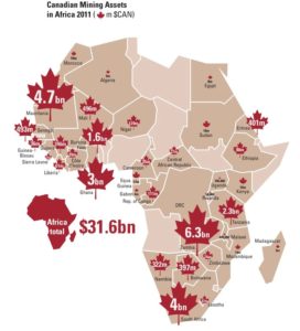 Mapa de activos mineros canadienses en África en 2011