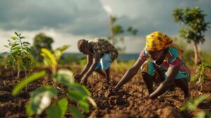 Two Black African woman farmers planting trees to combat climate change and global warming in Africa. Imagen: © Youttakone / Adobe Stock